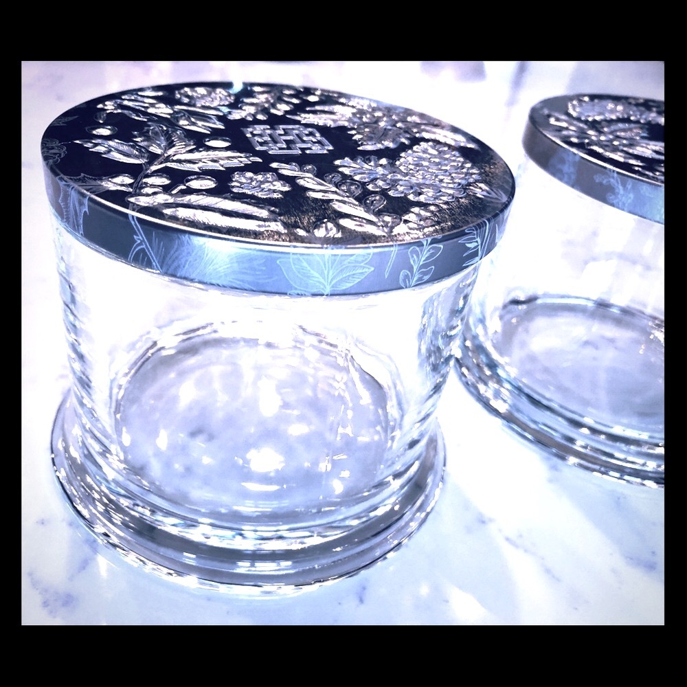 Glass canister w Airtight seal Silvertone embossed lid fall/winter set/2
